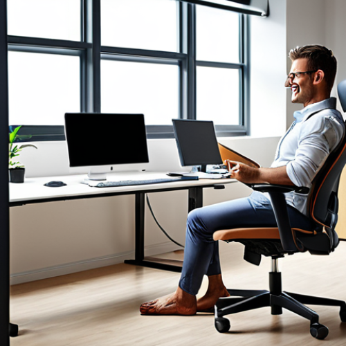 Home 4 **
A modern office setting with a focus on employee well-being. Depict an ergonomic workstation with adjustable desk and chair, good lighting, and a happy employee working comfortably. The scene should subtly convey a message of increased productivity and a positive company image due to a safe and comfortable work environment.
**