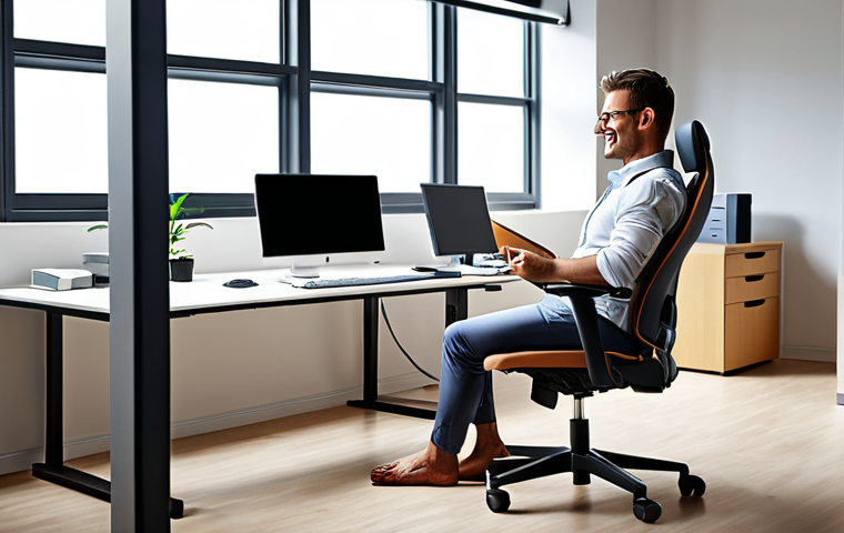 **
A modern office setting with a focus on employee well-being. Depict an ergonomic workstation with adjustable desk and chair, good lighting, and a happy employee working comfortably. The scene should subtly convey a message of increased productivity and a positive company image due to a safe and comfortable work environment.
**