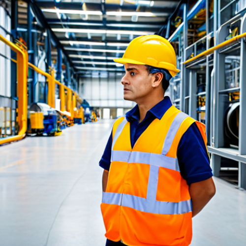 Home 12 A professional safety officer, fully clothed in work attire, inspecting a factory floor for hazards. Background includes machinery, safety signs, and other workers. Perfect anatomy, correct proportions, natural pose, professional photography, high quality, safe for work, appropriate content, modest, family-friendly.