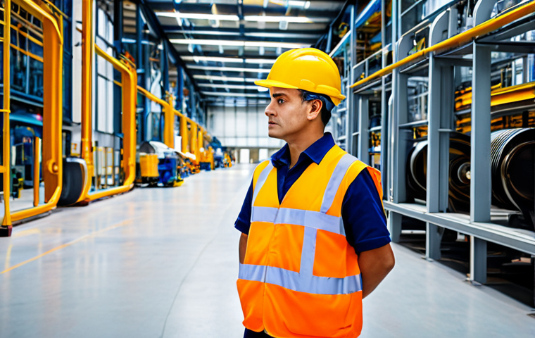 A professional safety officer, fully clothed in work attire, inspecting a factory floor for hazards. Background includes machinery, safety signs, and other workers. Perfect anatomy, correct proportions, natural pose, professional photography, high quality, safe for work, appropriate content, modest, family-friendly.