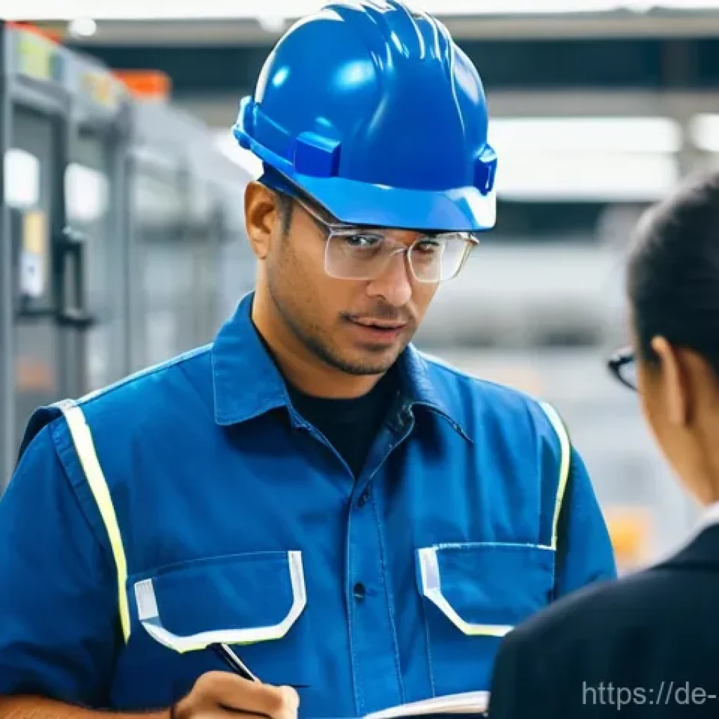 신입 안전관리자의 실무 적응기 - **Prompt:** A young, earnest safety manager, in their late 20s or early 30s, stands in a bustling, m...