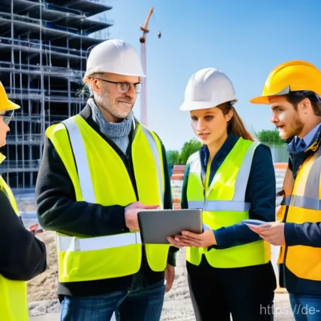 건설업에서의 작업별 안전수칙 - **Safety Culture in Action: Collaborative Briefing**
    A diverse group of German construction work...