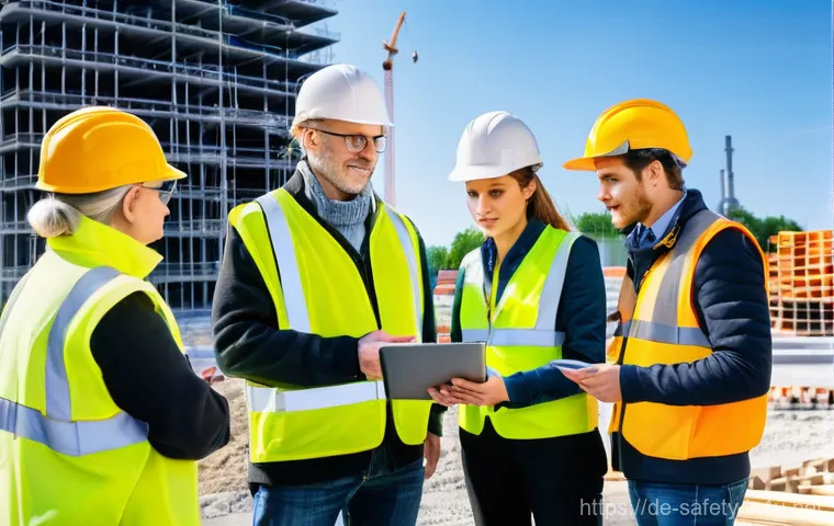 건설업에서의 작업별 안전수칙 - **Safety Culture in Action: Collaborative Briefing**
    A diverse group of German construction work...