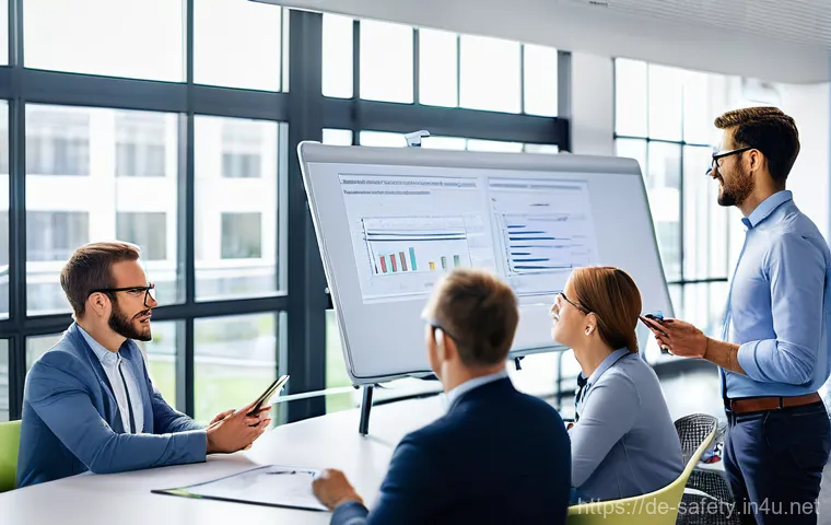 안전관리자 커뮤니티 소개 - **Prompt 1: Collaborative Safety Experts Brainstorming in a Modern Office**
    A diverse group of 4...