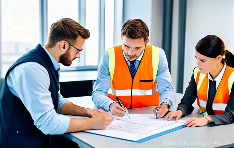 실무 중심의 안전관리 기술 배우기 - Image Prompt 1: Teamwork and Communication for Workplace Safety**