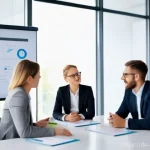 안전관리 직무에서의 팀워크 중요성 - **Prompt:** A diverse group of 5-6 professionals in a bright, modern German office setting, seated a...