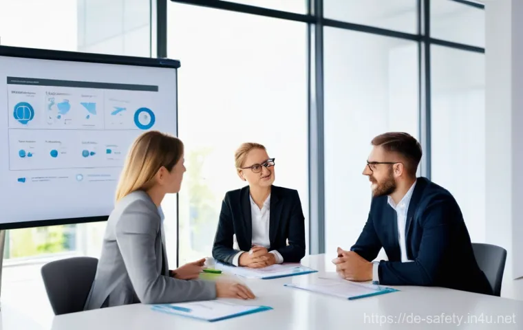 안전관리 직무에서의 팀워크 중요성 - **Prompt:** A diverse group of 5-6 professionals in a bright, modern German office setting, seated a...