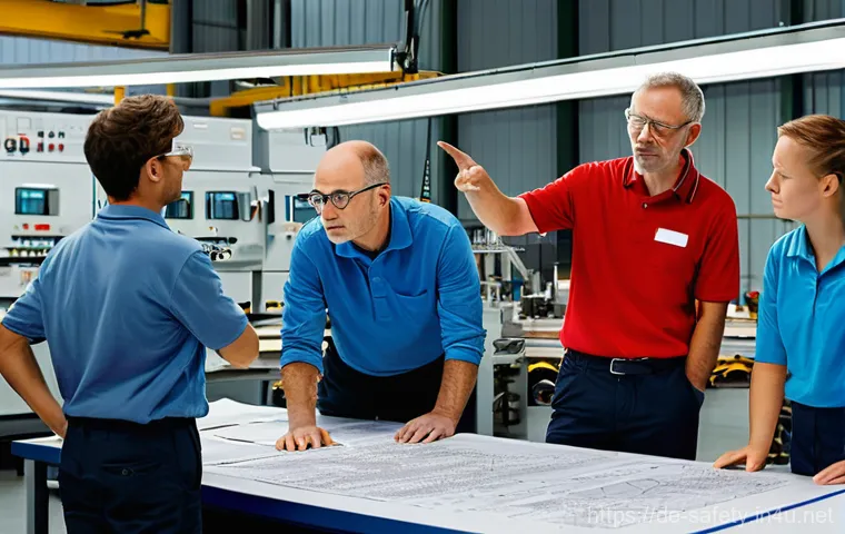 안전관리 직무에서의 팀워크 중요성 - **Prompt:** A diverse group of 5-6 professionals in a bright, modern German office setting, seated a...