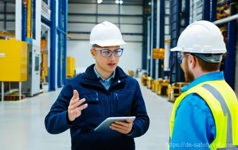 안전관리 직무 면접 질문과 답변 - **Prompt 1: Modern Safety Management and Digital Integration**
    A wide shot of a brightly lit, mo...