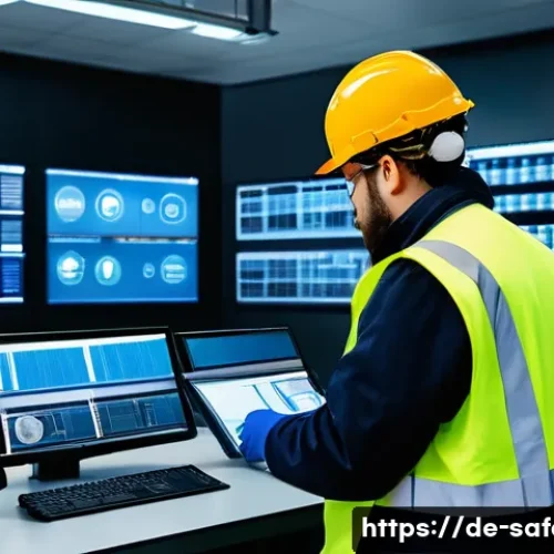 다양한 산업의 안전관리 직무 사례 - A modern industrial factory interior with advanced digital safety monitoring systems: multiple high-...