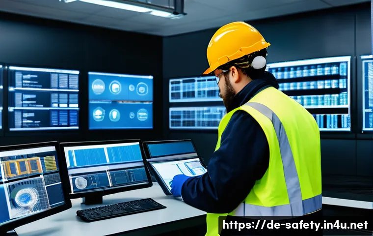 다양한 산업의 안전관리 직무 사례 - A modern industrial factory interior with advanced digital safety monitoring systems: multiple high-...