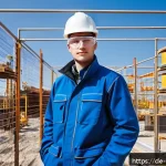 현장 실습생을 위한 안전관리 입문 - A young male intern wearing full personal protective equipment (PPE) on a German construction site: ...